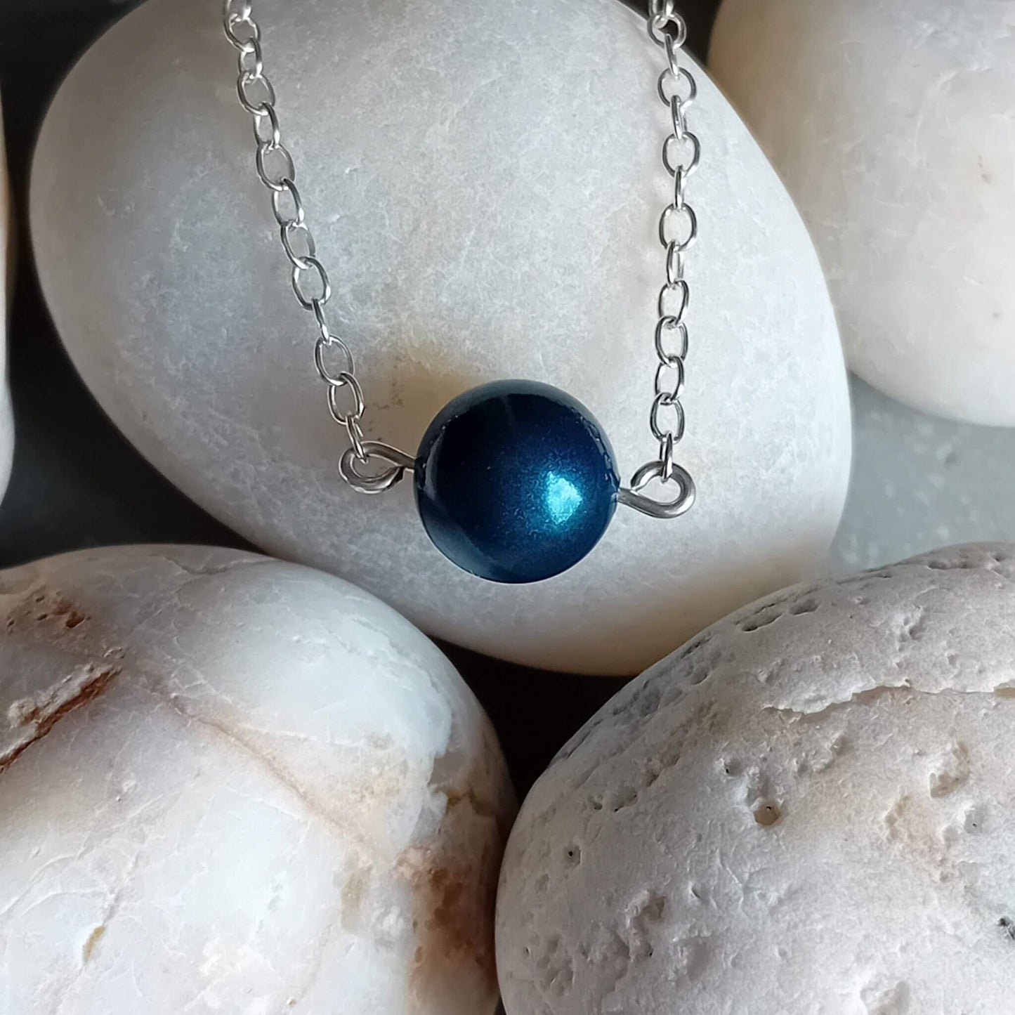 Petrol Blue Pearl  Silver Necklace