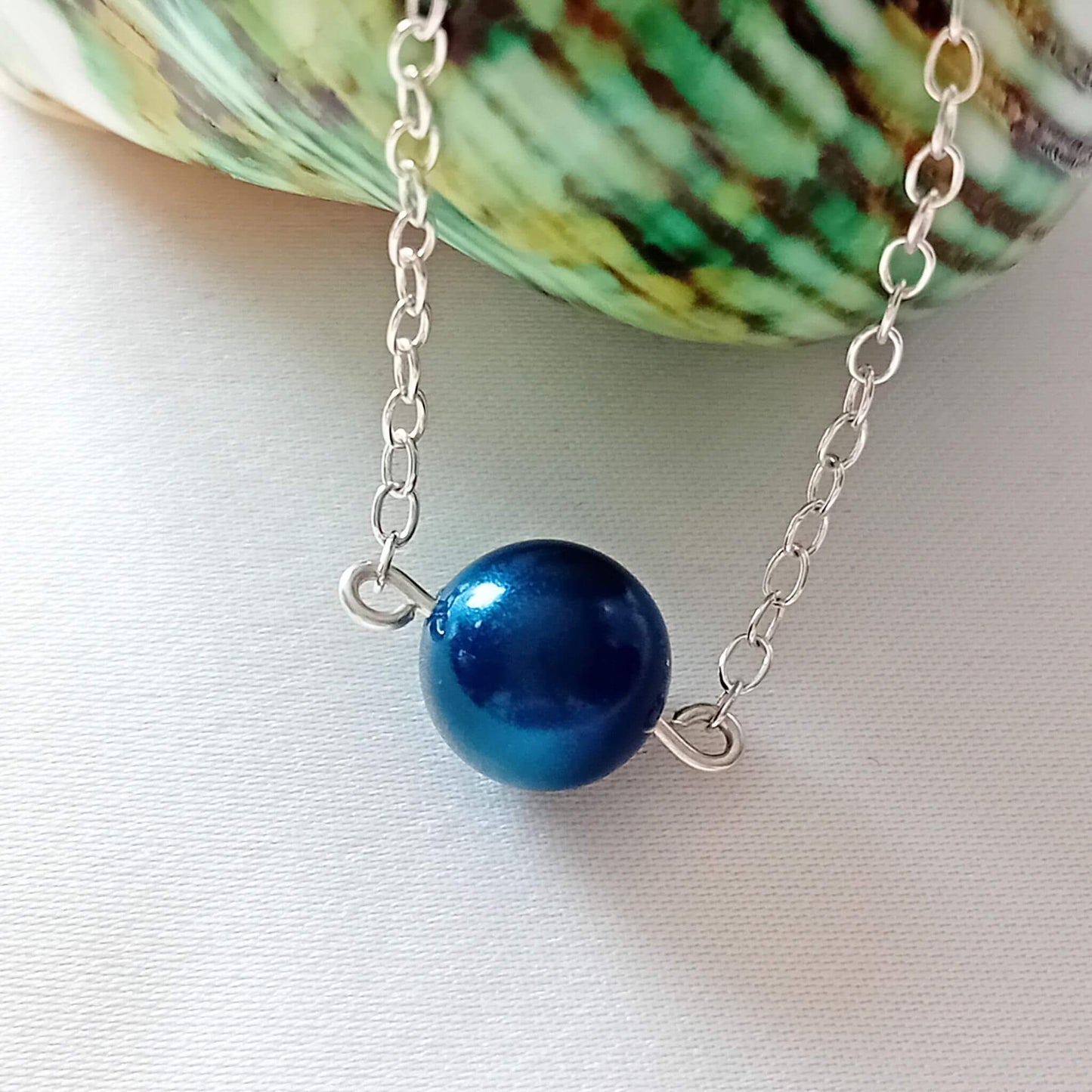 Petrol Blue Pearl  Silver Necklace